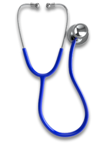 A stethoscope with blue handles and silver head.