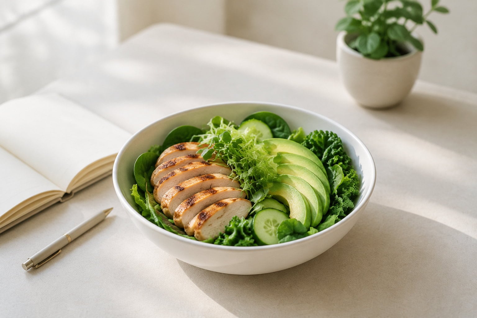 Fresh salad bowl with grilled chicken and avocado beside an open notebook, representing a personalized weight-management plan with Calocurb at White Lotus Health and IV Wellness